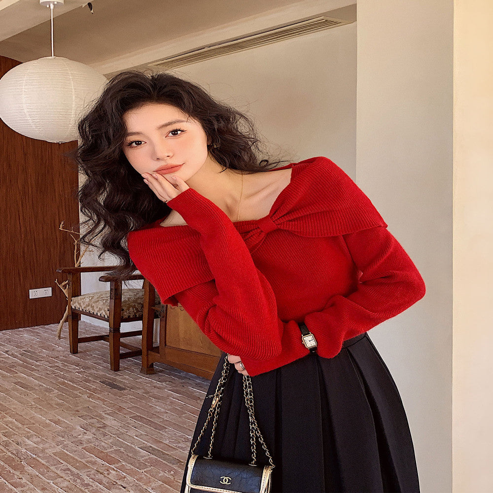 Red one shoulder off shoulder wool sweater bottoming top autumn and winter new Christmas wear battle robe engagement dress image 27