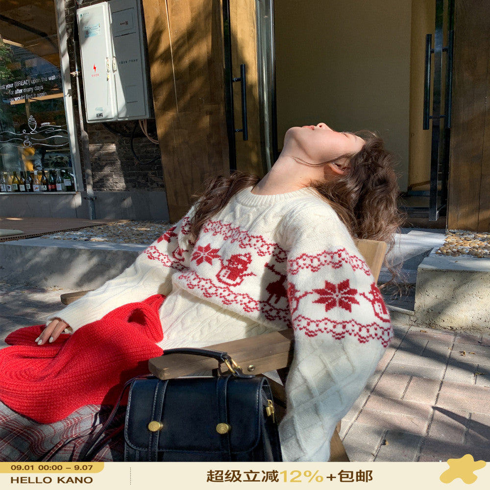 Hello Canon Christmas atmosphere jacquard round neck sweater women s spring and autumn 2025 new loose warm knitted sweater image 1