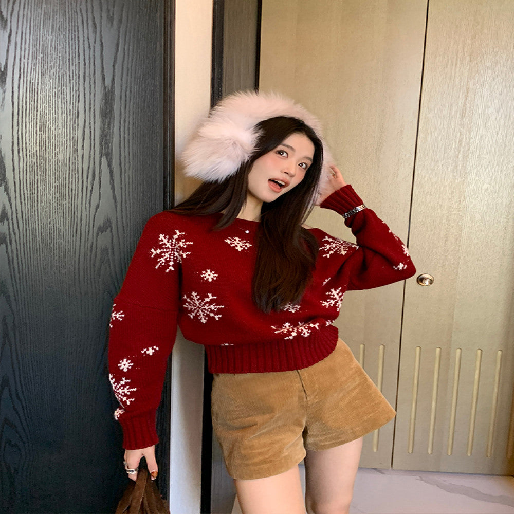50 off RARE ME Winter Christmas Atmosphere Lazy Shoulder Sweater Snowflake Pattern Top image 1