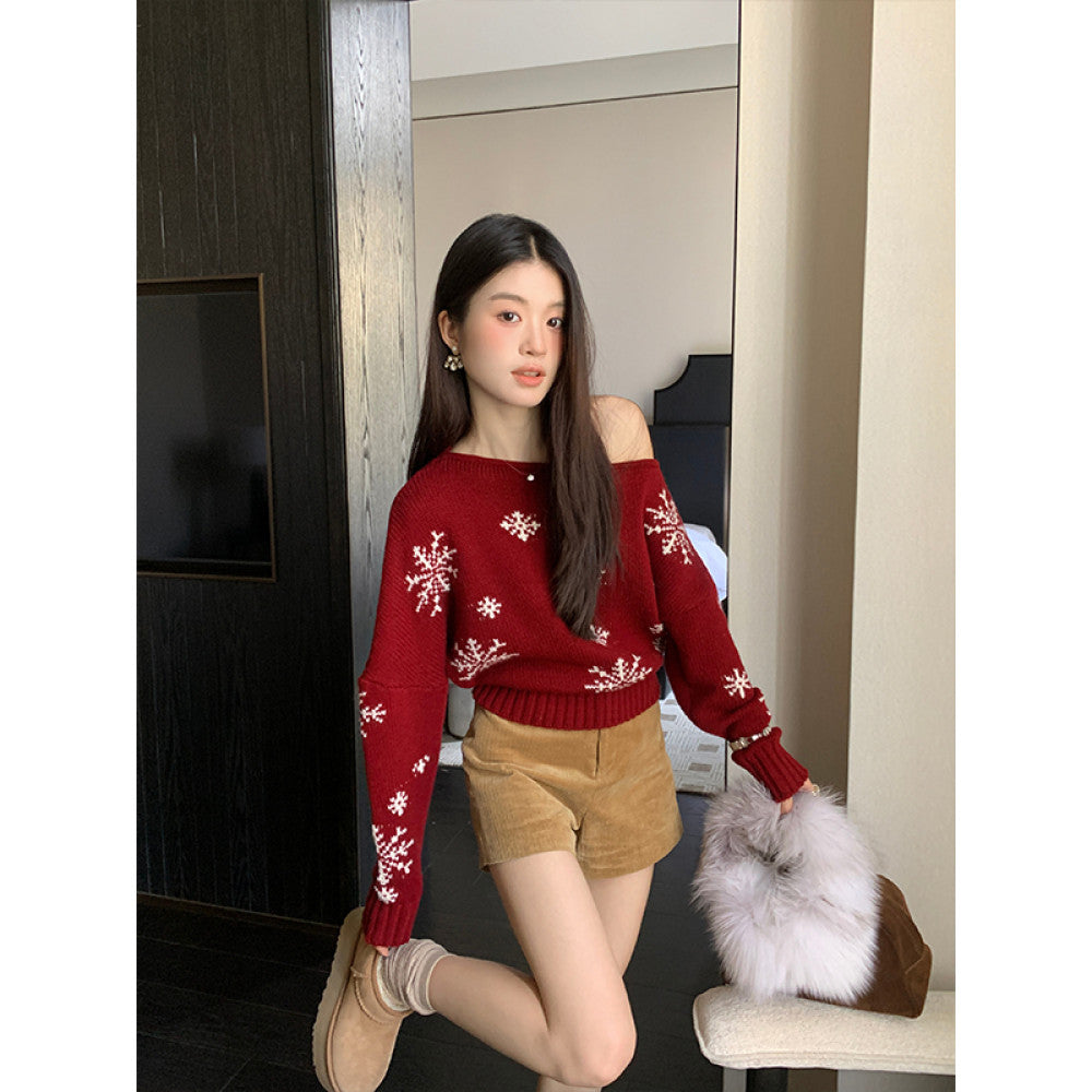 50 off RARE ME Winter Christmas Atmosphere Lazy Shoulder Sweater Snowflake Pattern Top image 9