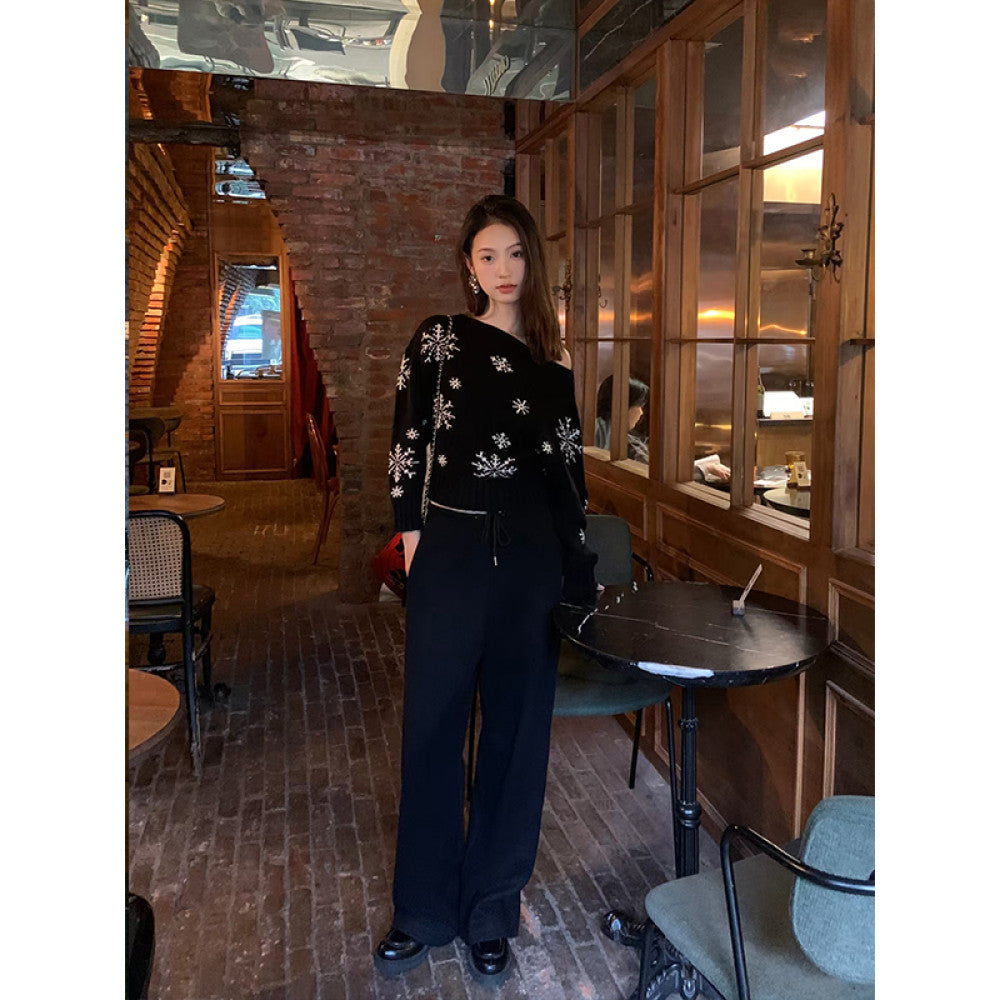 50 off RARE ME Winter Christmas Atmosphere Lazy Shoulder Sweater Snowflake Pattern Top image 14