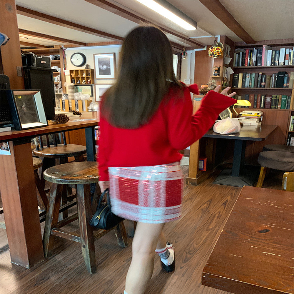 Luoluo Xianjie sequined skirt women s 2024 new spring and summer small red plaid skirt hip skirt image 5
