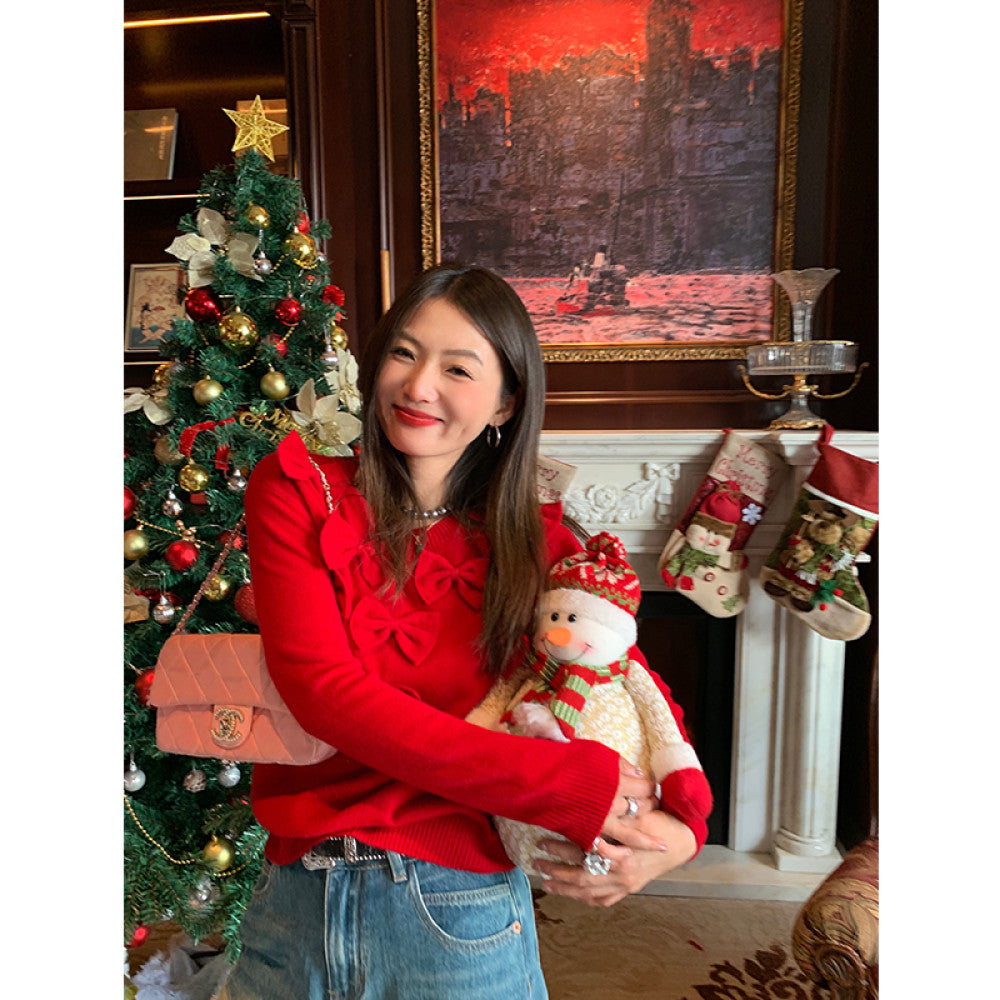 Luozhuanjie red pullover sweater for women 2024 new design sense niche bow pullover cotton wool top image 11