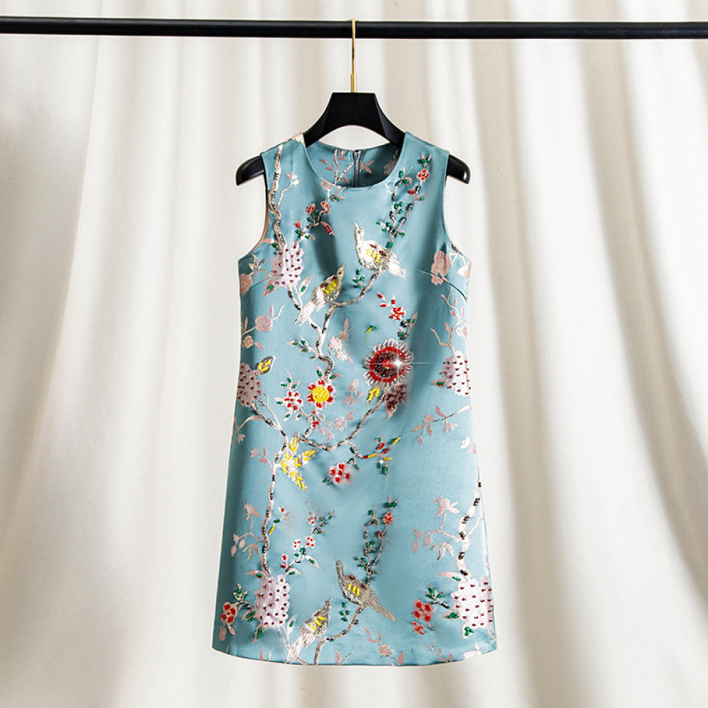 High end Happy Branches Heavy Beaded Rhinestone Embroidered Blue Dress Women s Spring New Chinese Style Vest Dress image 7