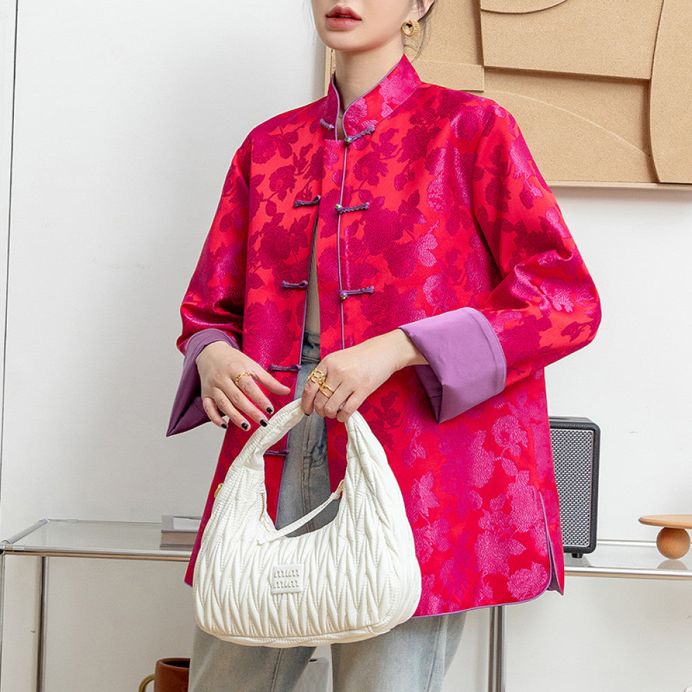 Rose red retro jacquard woven satin jacket for women with a sense of luxury foreign style and improved Chinese style New Chinese style buttoned top trend image 11