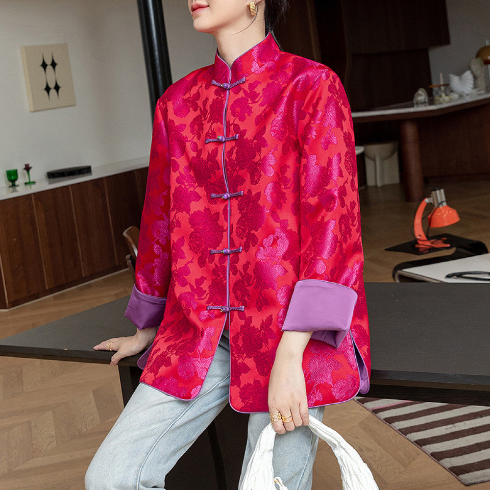 Rose red retro jacquard woven satin jacket for women with a sense of luxury foreign style and improved Chinese style New Chinese style buttoned top trend image 16