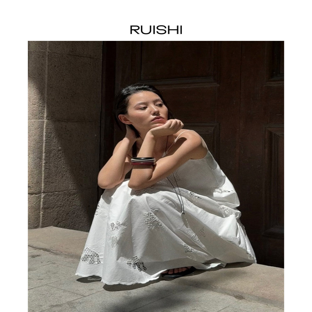 RUISHI Handmade Hollow Custom Embroidery Pure Cotton A line Umbrella Skirt Half Skirt White Women s Summer image 4