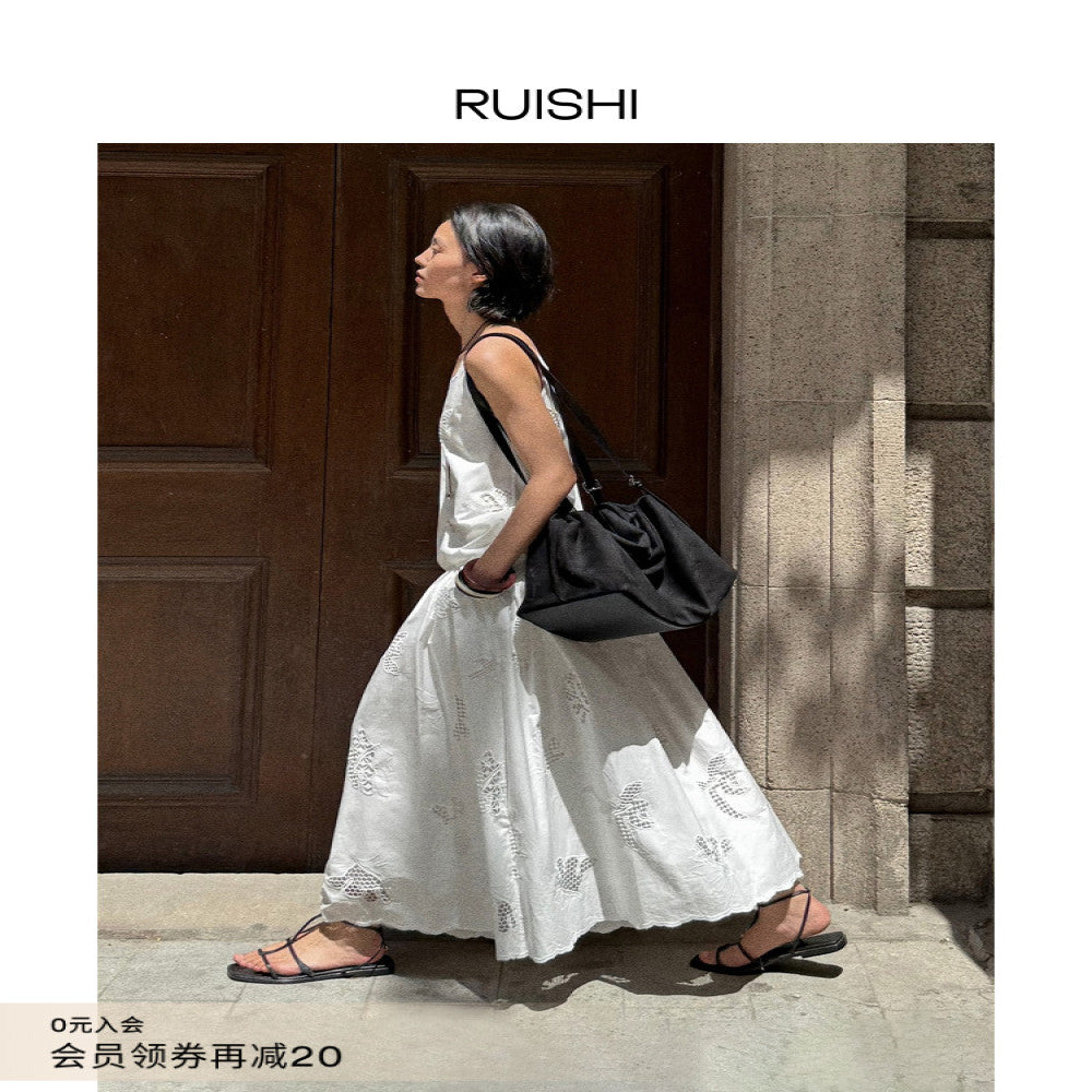 RUISHI Handmade Hollow Custom Embroidery Pure Cotton A line Umbrella Skirt Half Skirt White Women s Summer image 0