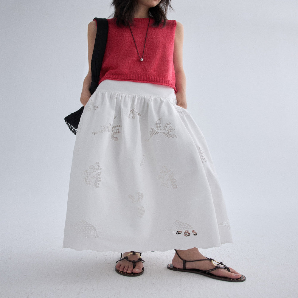 RUISHI Handmade Hollow Custom Embroidery Pure Cotton A line Umbrella Skirt Half Skirt White Women s Summer image 20