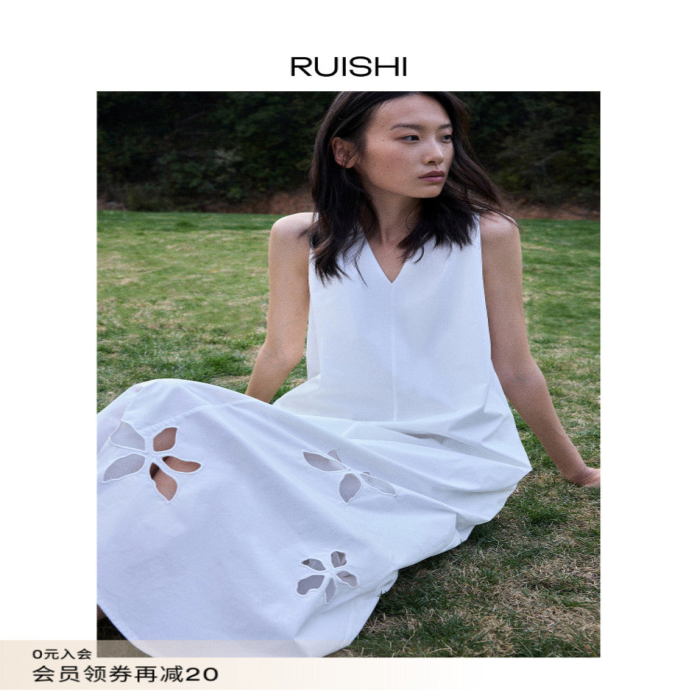 RUISHI s new heavyweight positioning hollow embroidery pure cotton sleeveless A line dress long skirt for women in summer image 0