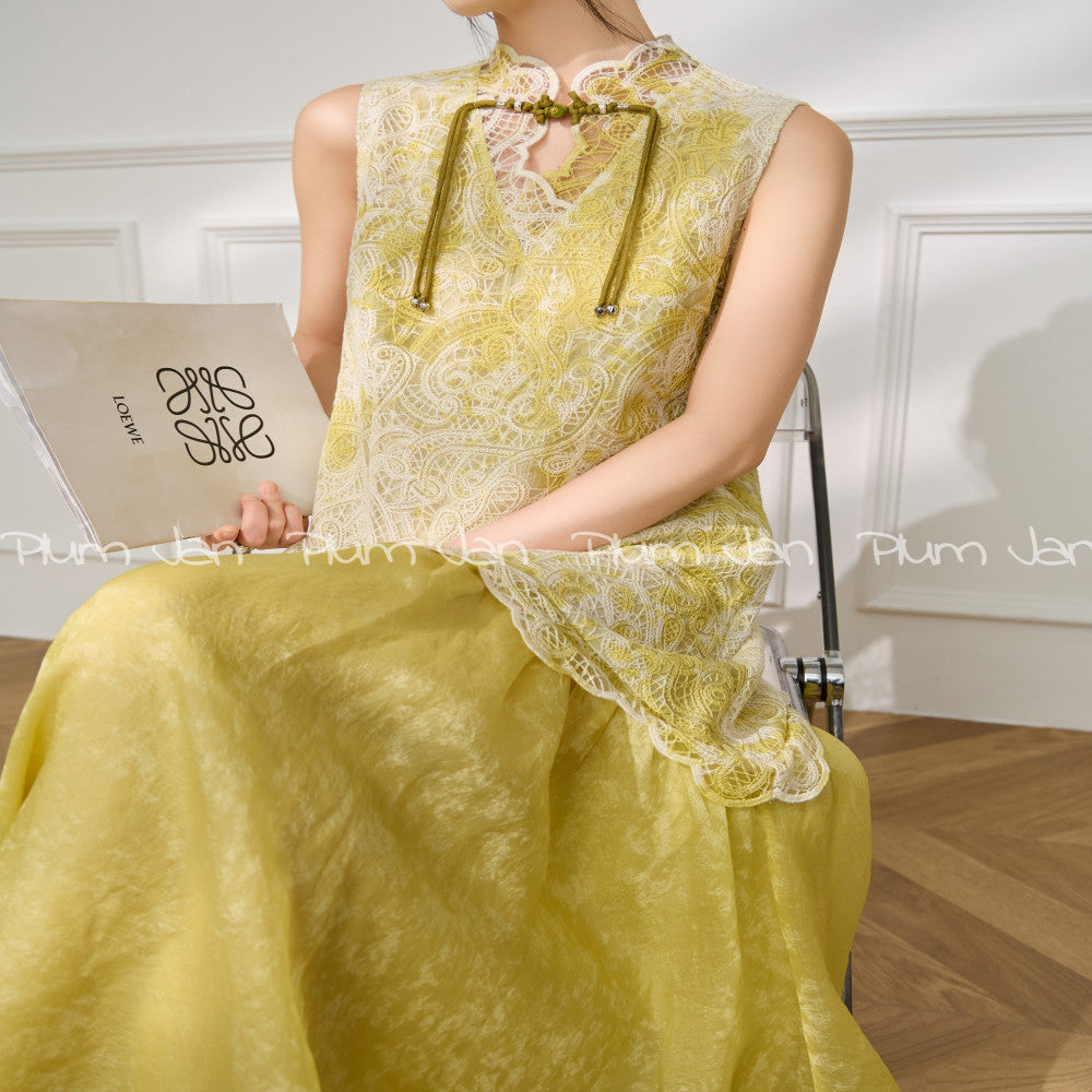 Plum Jan 2025 Summer New Chinese style buttoned sleeveless cheongsam dress summer high end layered stunning long skirt image 0