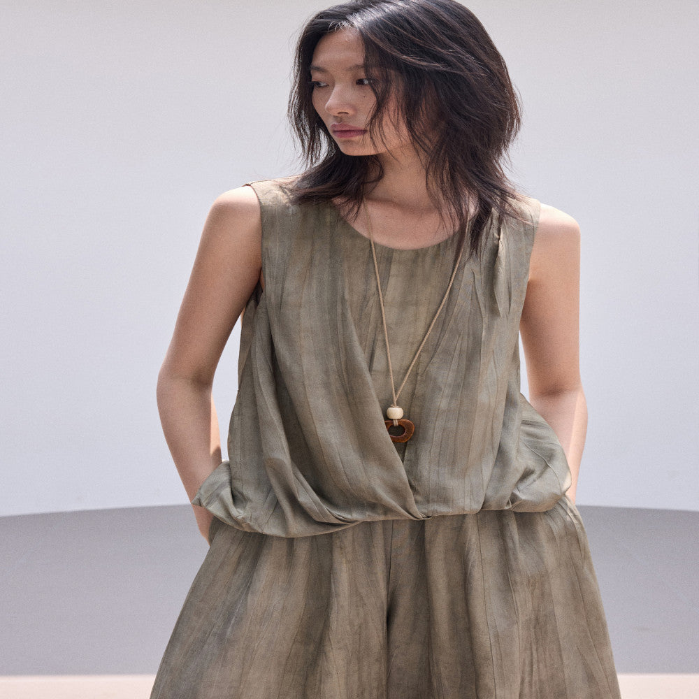 RUISHI 100 person silk sand washing process three dimensional pleated sleeveless top balloon pants set women s summer image 16
