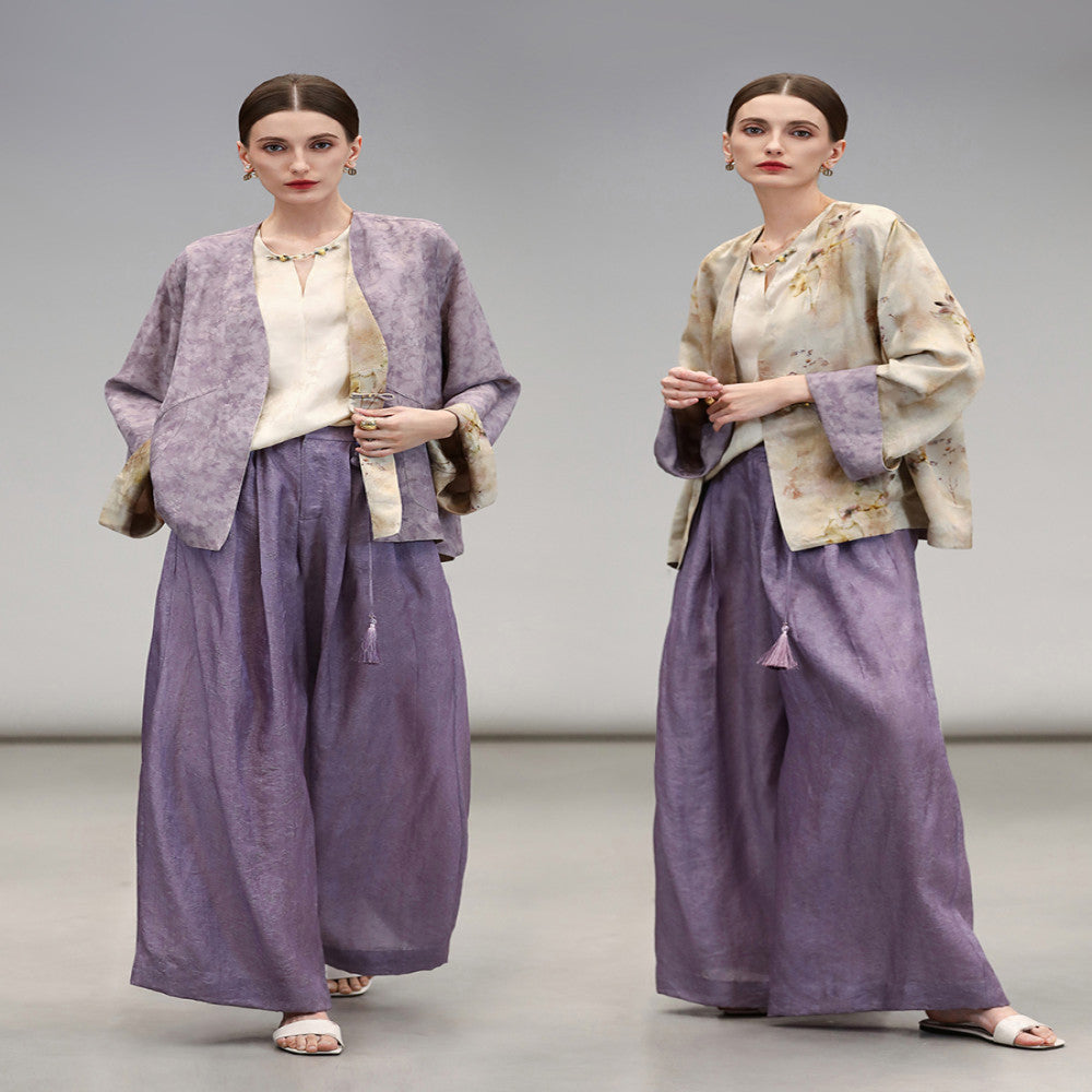 COCOBELLA Chinese style auspicious cloud purple hollow jacquard wide leg pants comfortable lyocell casual pants PA3038 image 2