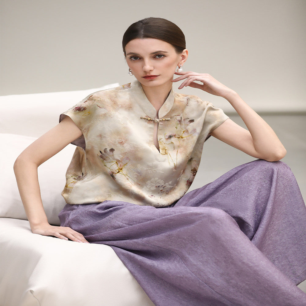 COCOBELLA Chinese style auspicious cloud purple hollow jacquard wide leg pants comfortable lyocell casual pants PA3038 image 3