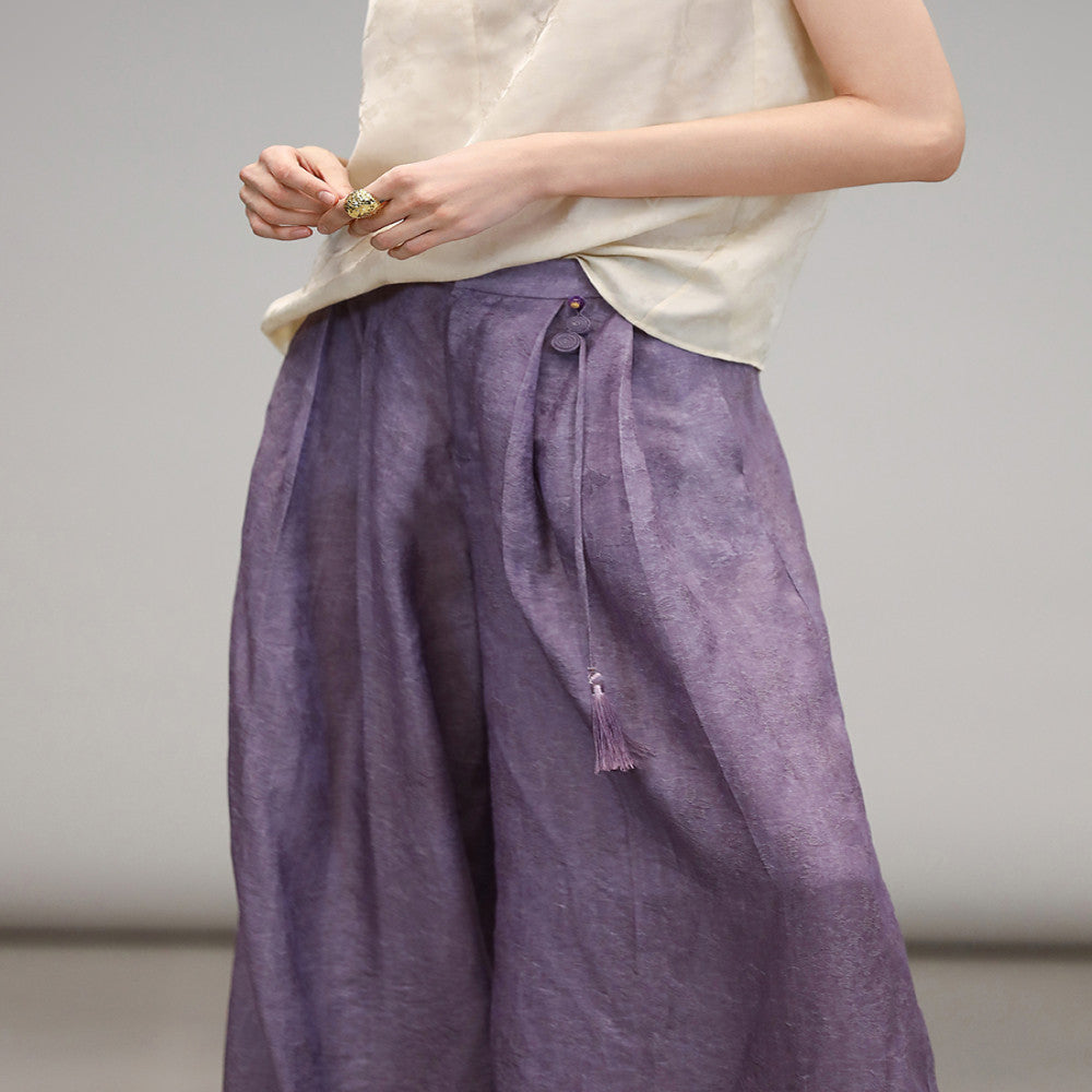 COCOBELLA Chinese style auspicious cloud purple hollow jacquard wide leg pants comfortable lyocell casual pants PA3038 image 4