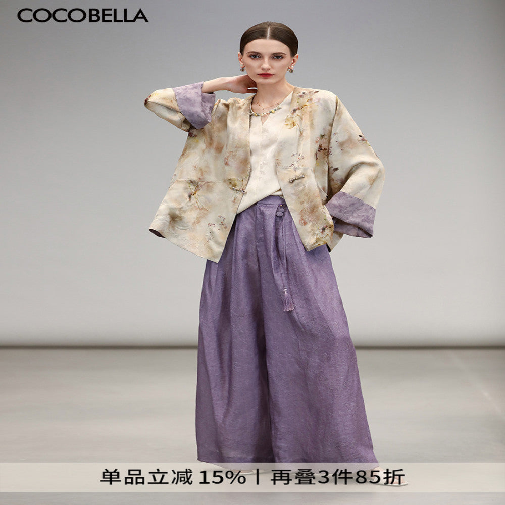 COCOBELLA Chinese style auspicious cloud purple hollow jacquard wide leg pants comfortable lyocell casual pants PA3038 image 0