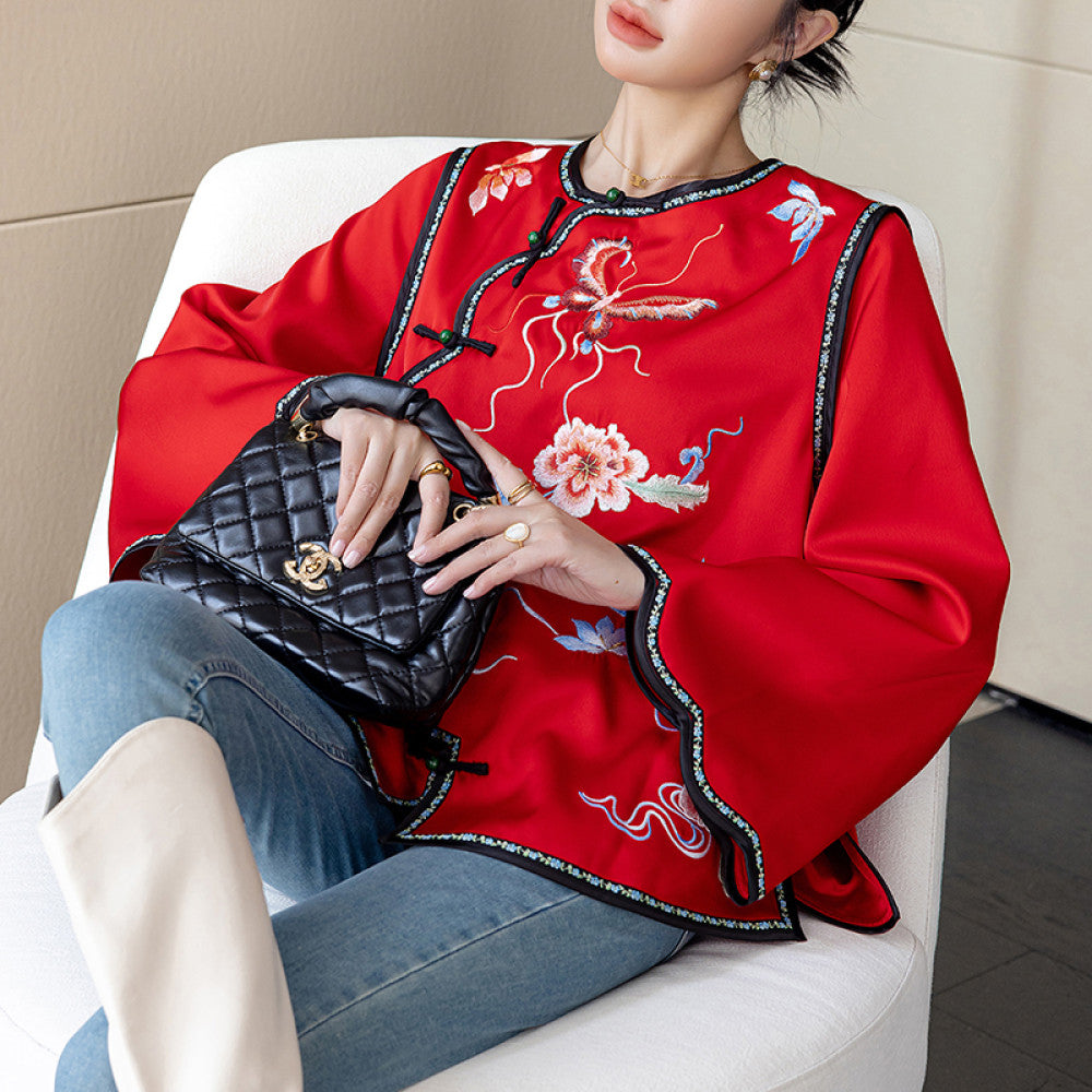 Red China Chic New Chinese Embroidery Acetic Acid Top Women s New Year Celebration Dress Small Guochao Panbuckle Coat Autumn image 34
