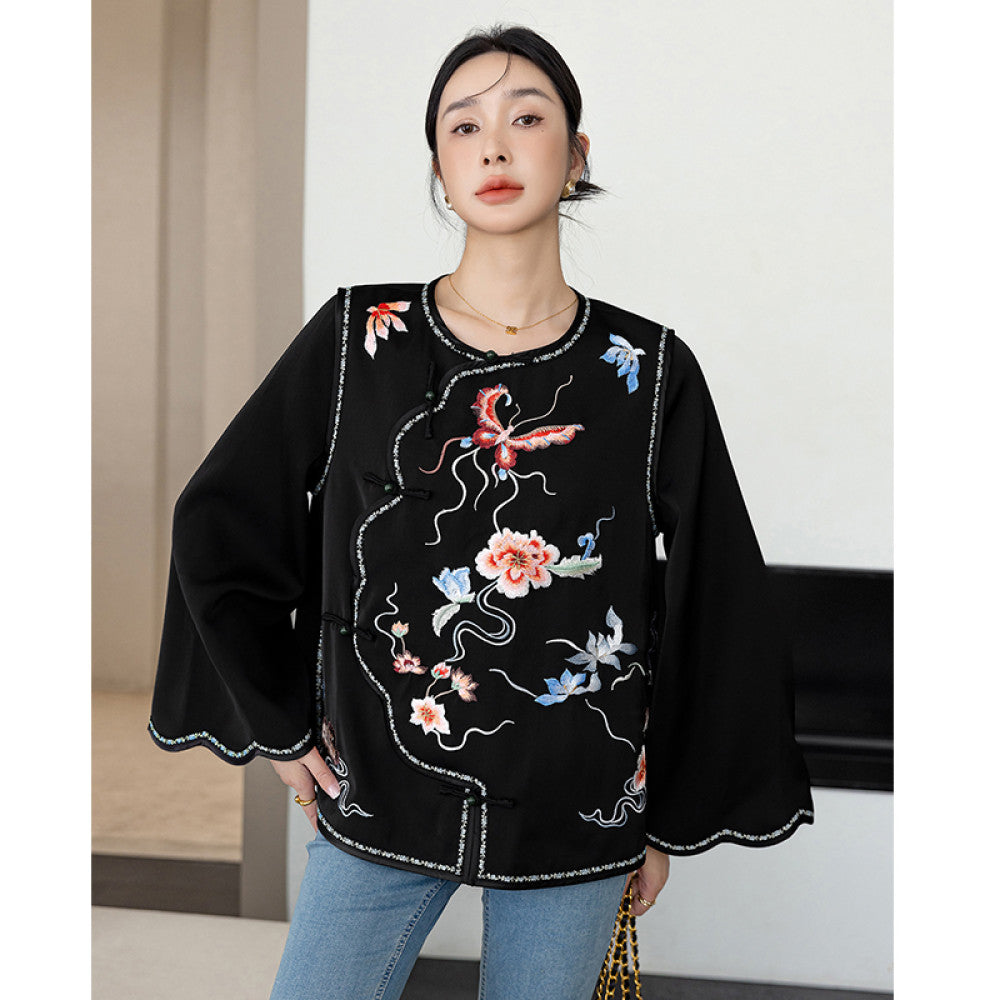 Red China Chic New Chinese Embroidery Acetic Acid Top Women s New Year Celebration Dress Small Guochao Panbuckle Coat Autumn image 11