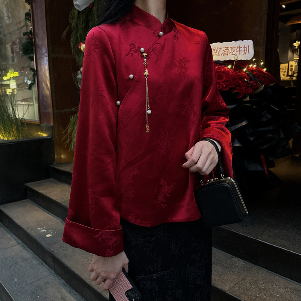 Red acetate jacquard Chinese style tops for women original design fashionable national trend retro improved new Chinese style buttoned shirt image 6