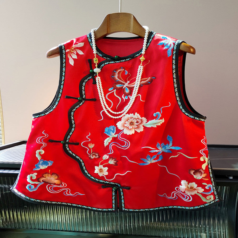 New Chinese style red acetate vest for women in autumn with a sense of luxury retro slanted collar Chinese style and buckle top image 0