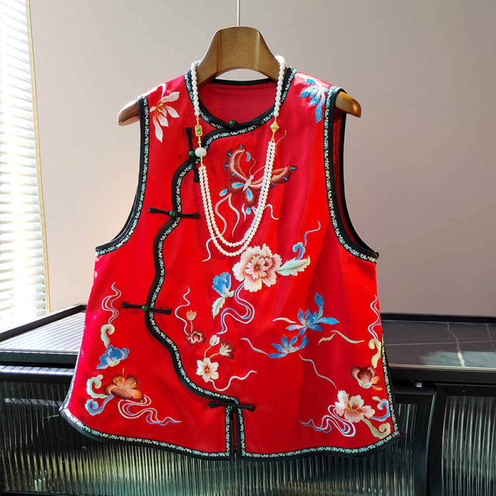 New Chinese style red acetate vest for women in autumn with a sense of luxury retro slanted collar Chinese style and buckle top image 6