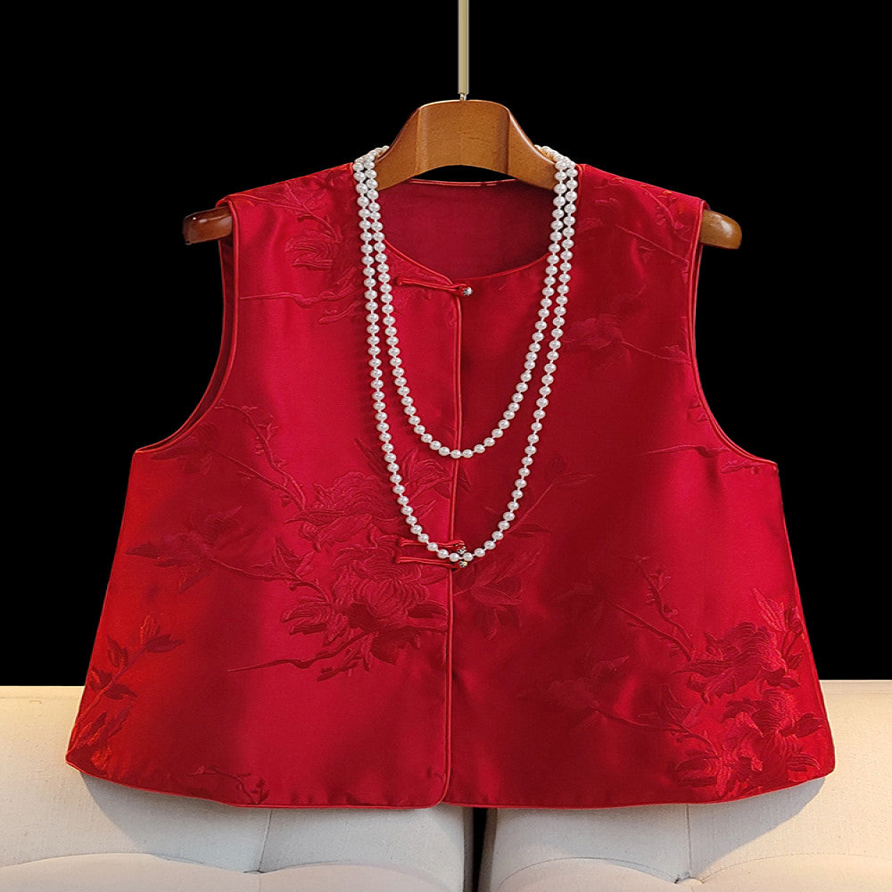 Red new Chinese style vest for women in spring short and small retro embroidered light Chinese style button top image 1