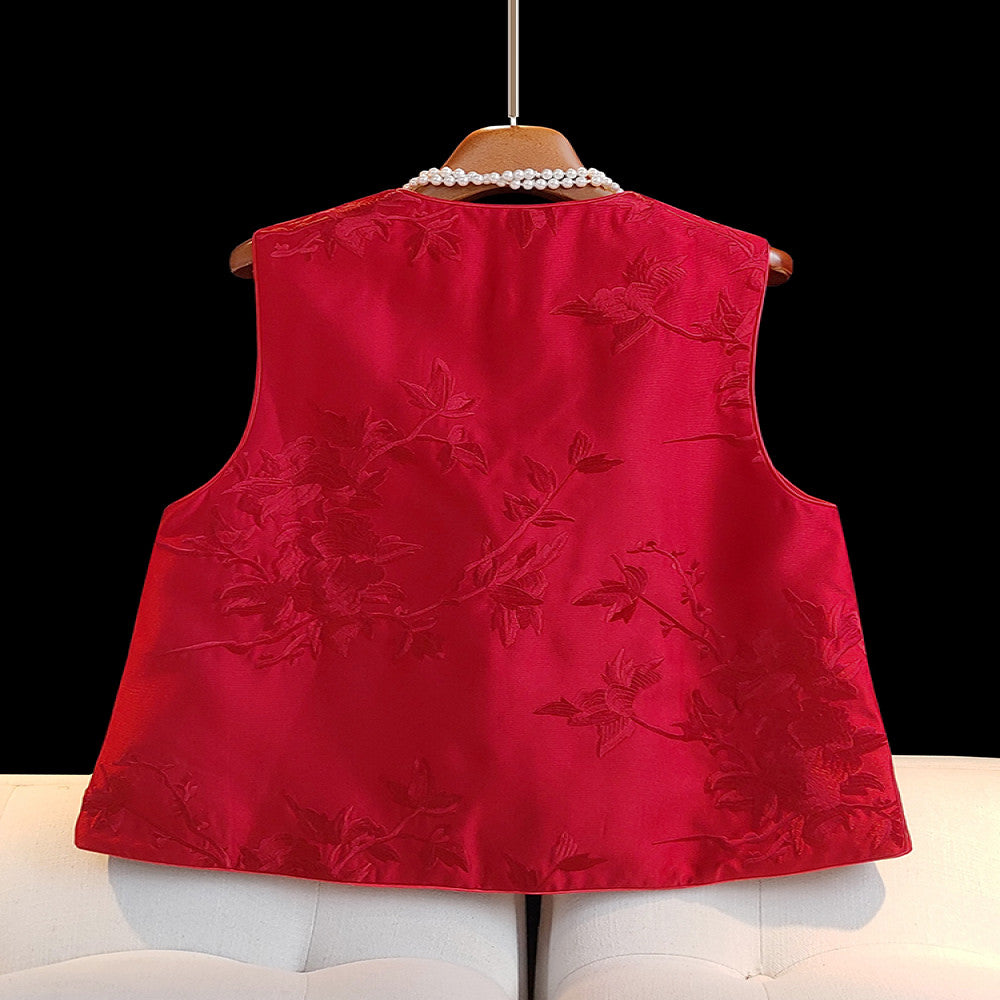 Red new Chinese style vest for women in spring short and small retro embroidered light Chinese style button top image 2