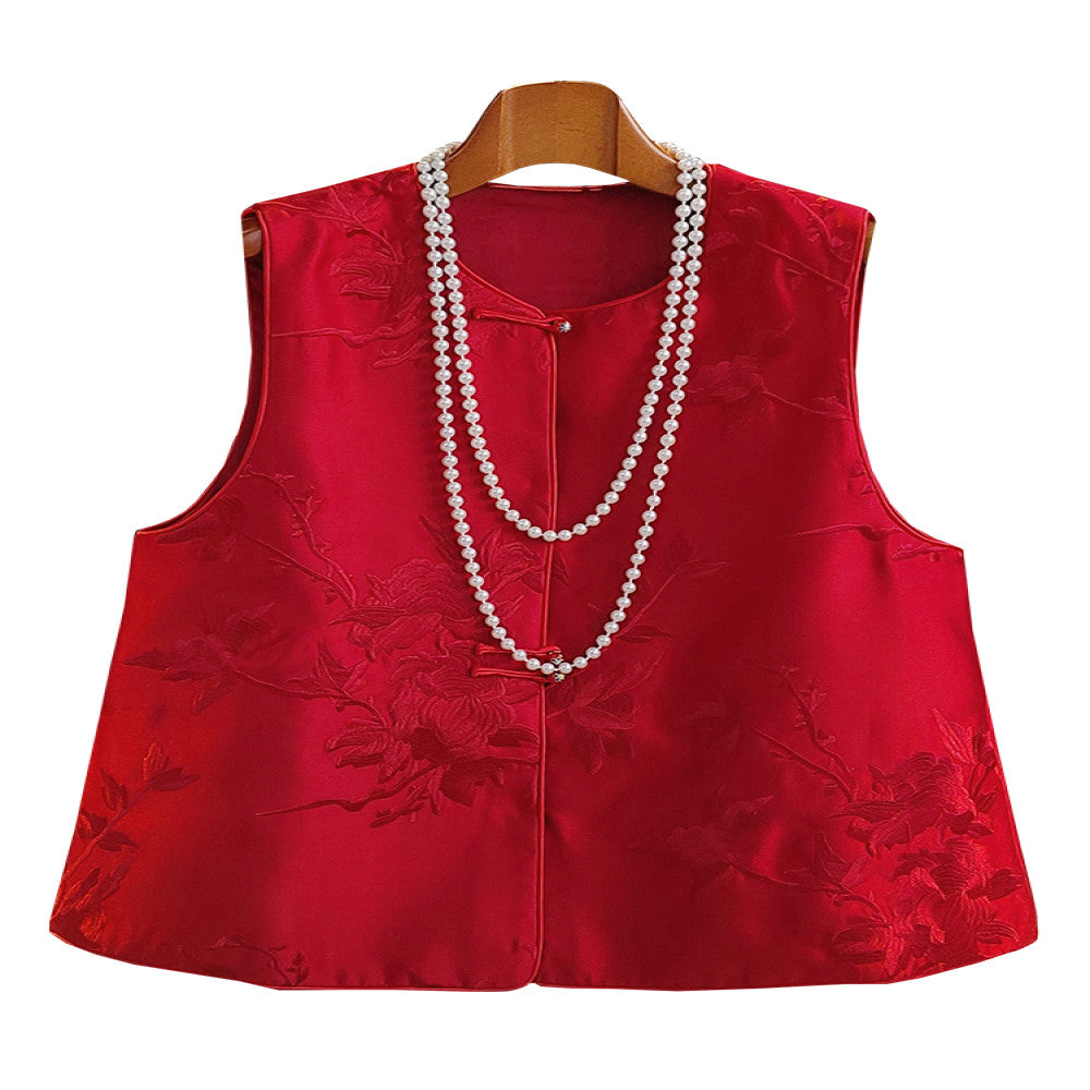 Red new Chinese style vest for women in spring short and small retro embroidered light Chinese style button top image 5