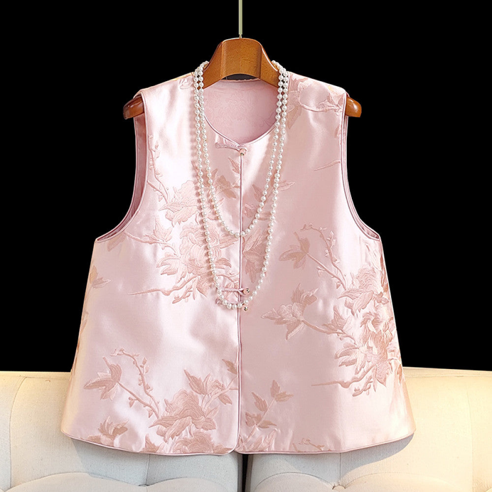 Red new Chinese style vest for women in spring short and small retro embroidered light Chinese style button top image 14