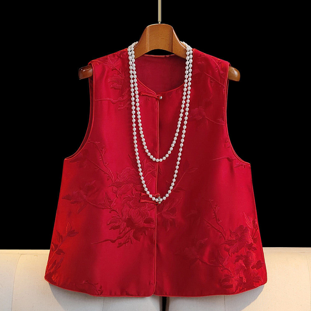 Red new Chinese style vest for women in spring short and small retro embroidered light Chinese style button top image 20