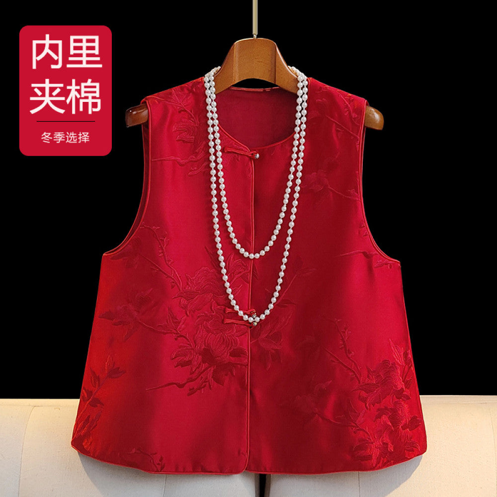 Red new Chinese style vest for women in spring short and small retro embroidered light Chinese style button top image 38