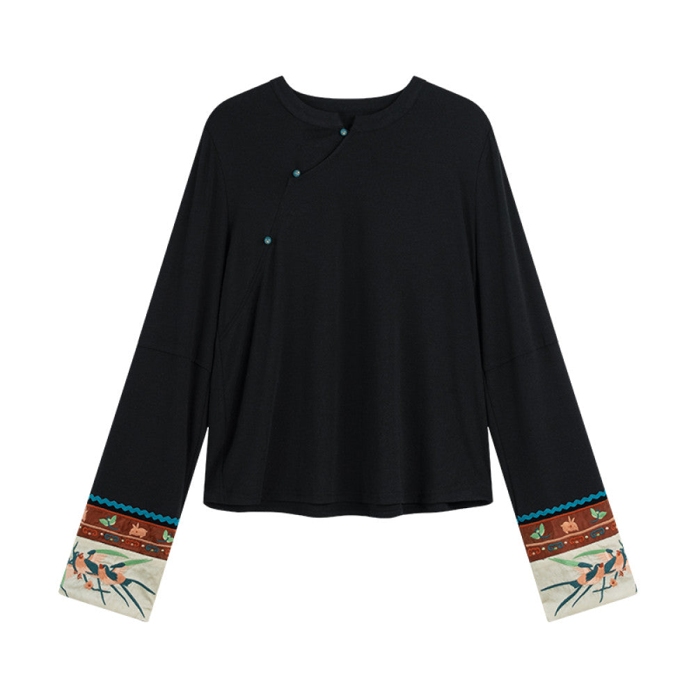 SOLO Original SOLO Guanyin Swallow Spring Loose Long Sleeve Top National Trend Embroidered T shirt image 7