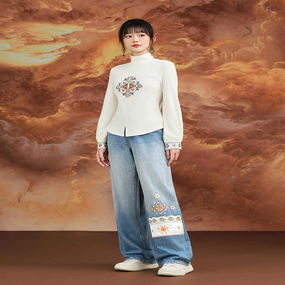Su Luo Dreaming of the Silk Road Ancient Golden Road original ethnic style embroidered winter velvet straight denim trousers image 0