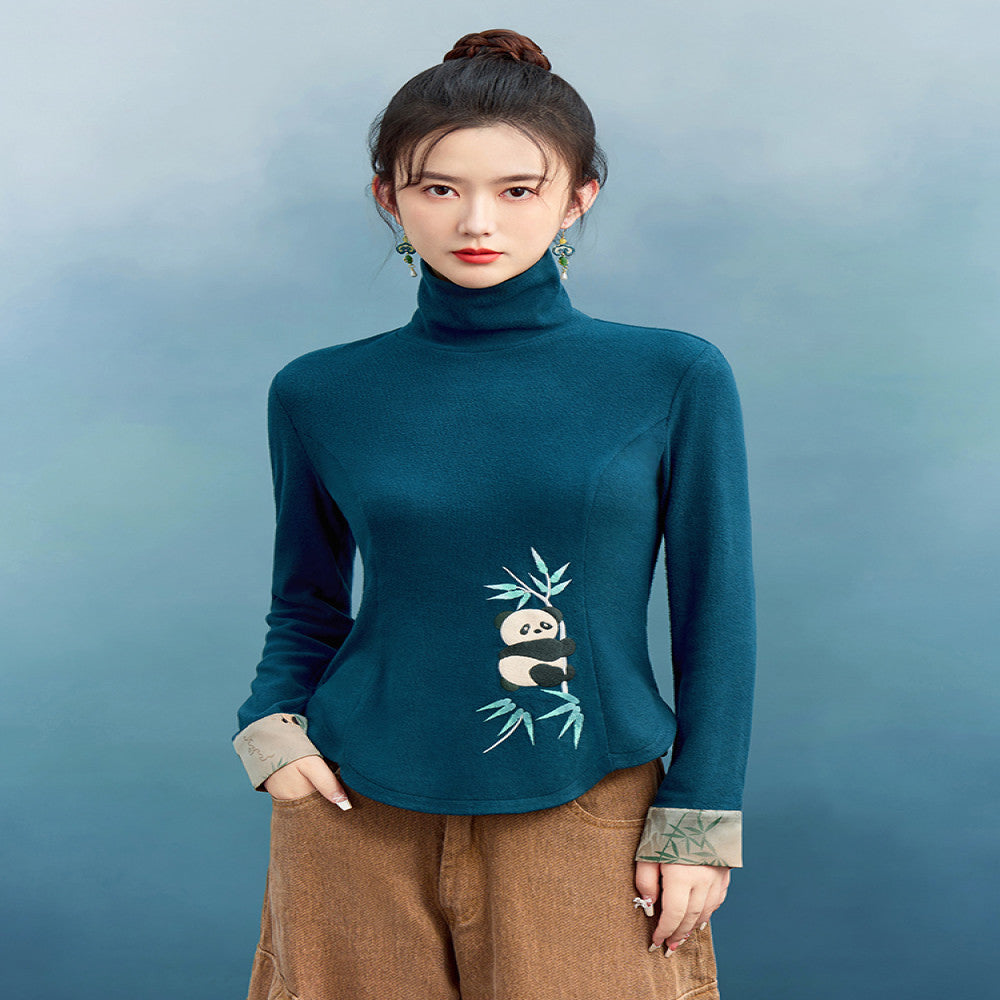 Su Luo original Panda Series Shushan Auspicious autumn and winter embroidered slim knitted bottoming T shirt image 1