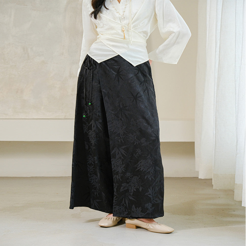 Shanyousei original homemade Zen new Chinese bamboo leaf skirt pants black versatile wide leg pants loose slim pants image 2