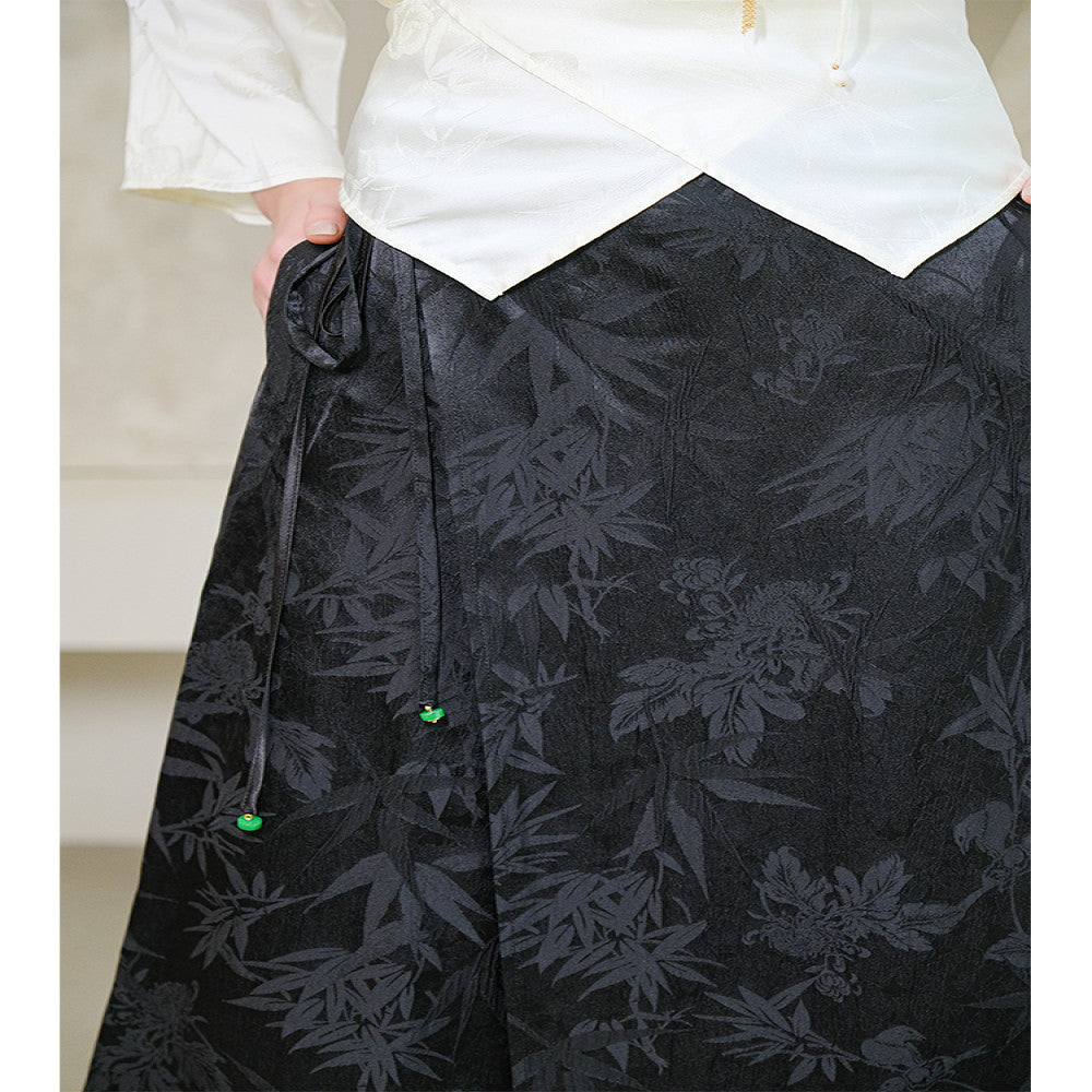 Shanyousei original homemade Zen new Chinese bamboo leaf skirt pants black versatile wide leg pants loose slim pants image 5