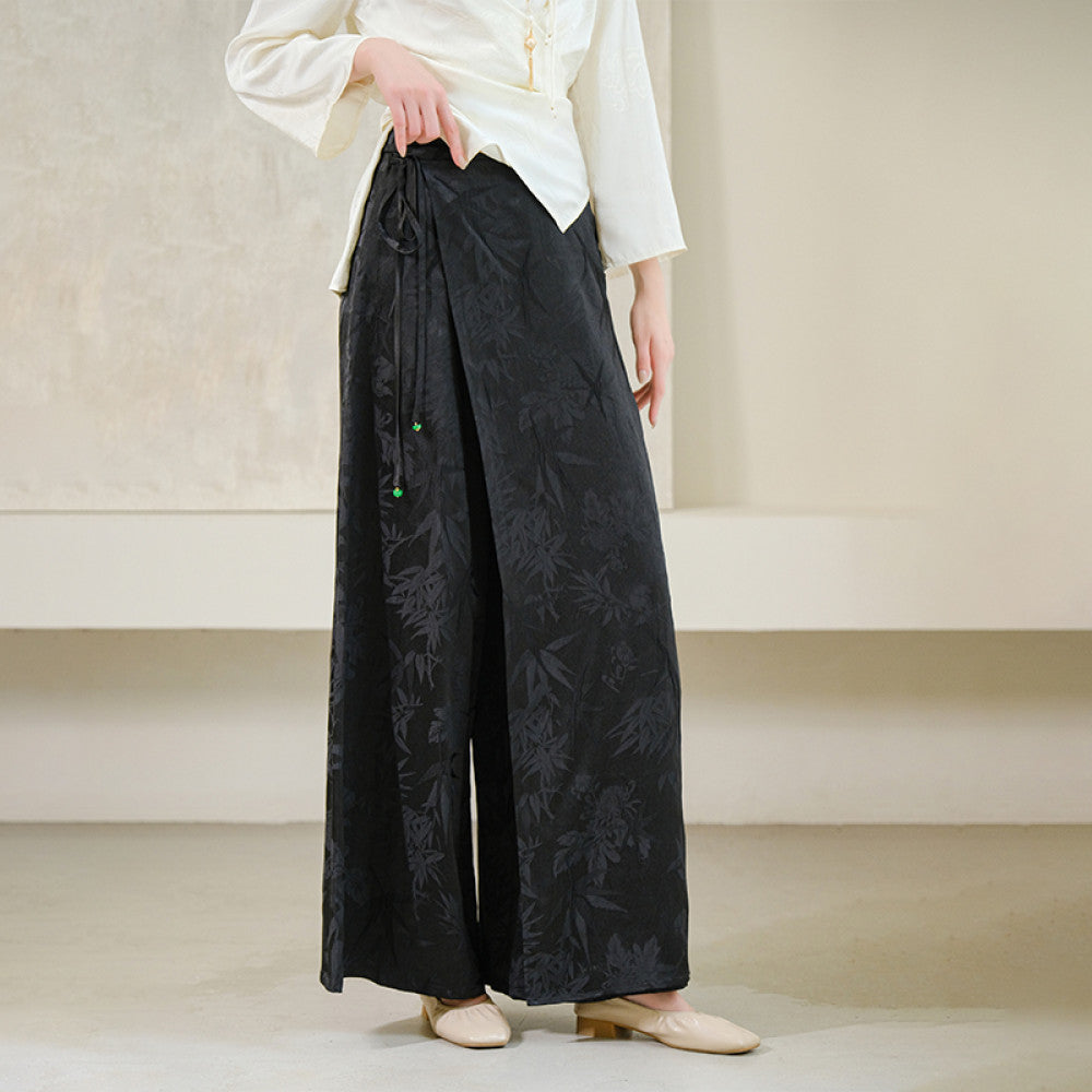 Shanyousei original homemade Zen new Chinese bamboo leaf skirt pants black versatile wide leg pants loose slim pants image 10