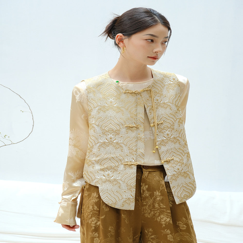 Mountain colored spring vest national style mountain cliff sea water pattern woven brocade jacquard vest early autumn layering vest new vest image 2