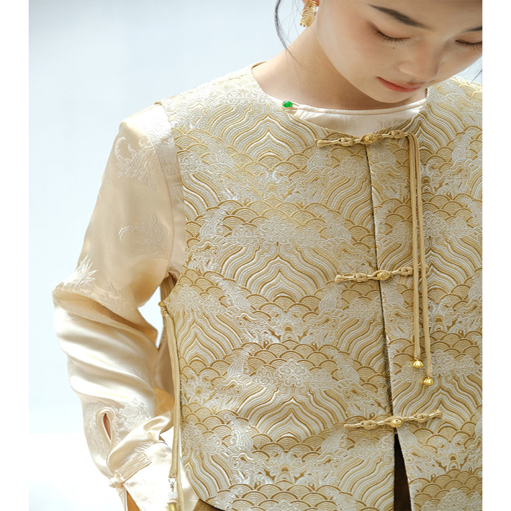 Mountain colored spring vest national style mountain cliff sea water pattern woven brocade jacquard vest early autumn layering vest new vest image 5