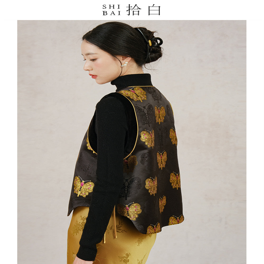 SHIBAI Shibai new Chinese vest autumn and winter original design national style women s clothing black and gold butterfly button improved top image 0