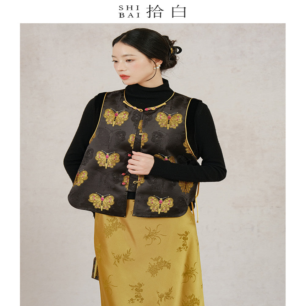 SHIBAI Shibai new Chinese vest autumn and winter original design national style women s clothing black and gold butterfly button improved top image 6