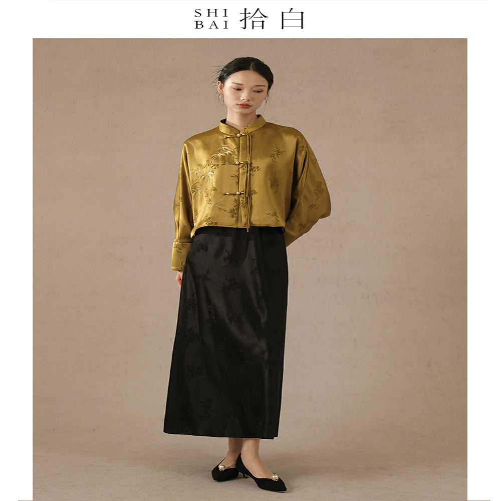SHIBAI Shibai Plum Orchid Bamboo and Chrysanthemum New Chinese Style Jacket Autumn High end Acetate Jacquard Chinese Style Embroidery Button Top image 2