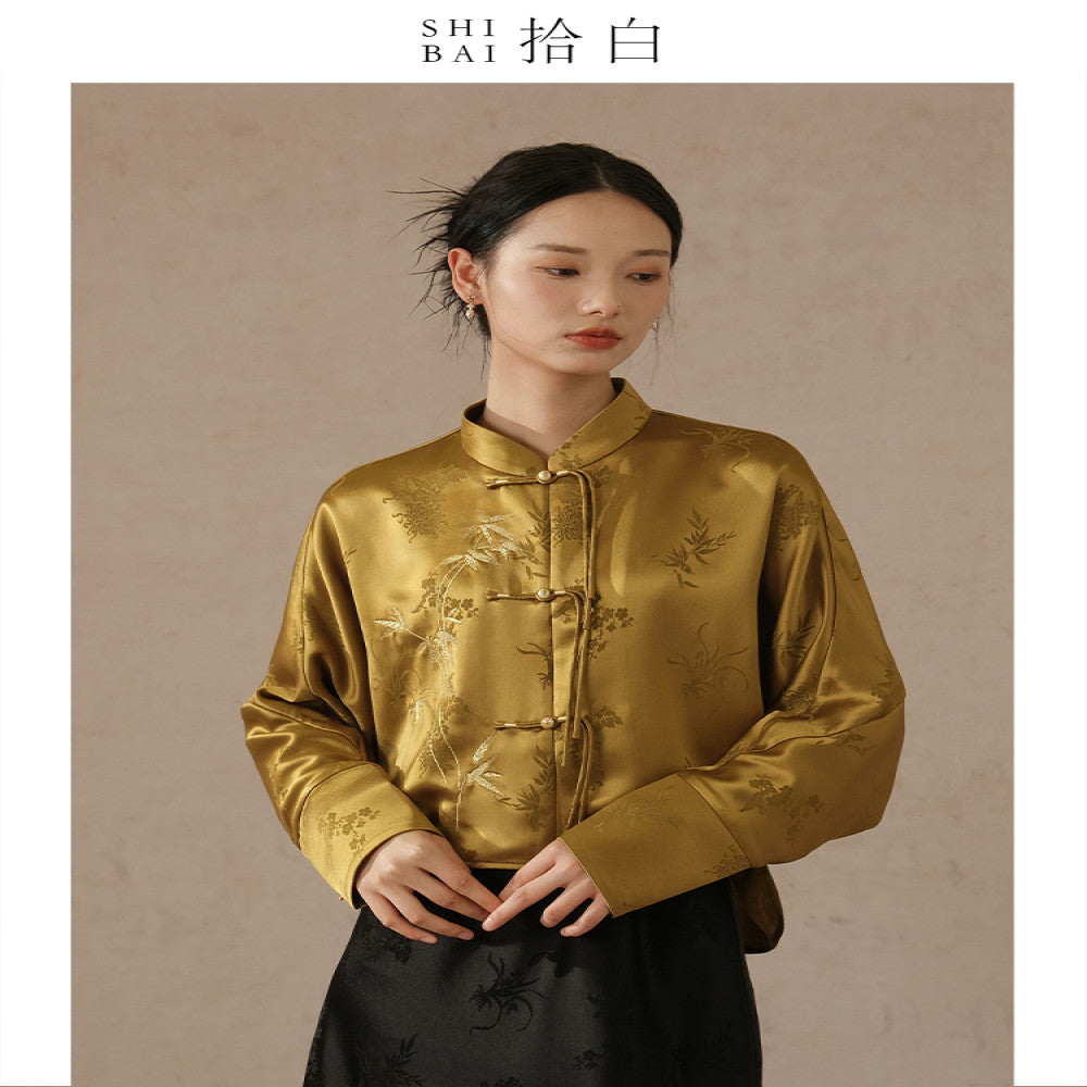 SHIBAI Shibai Plum Orchid Bamboo and Chrysanthemum New Chinese Style Jacket Autumn High end Acetate Jacquard Chinese Style Embroidery Button Top image 3