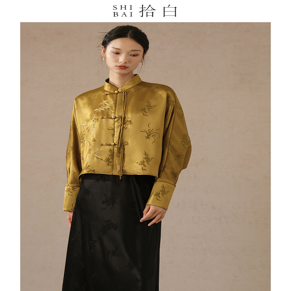 SHIBAI Shibai Plum Orchid Bamboo and Chrysanthemum New Chinese Style Jacket Autumn High end Acetate Jacquard Chinese Style Embroidery Button Top image 4