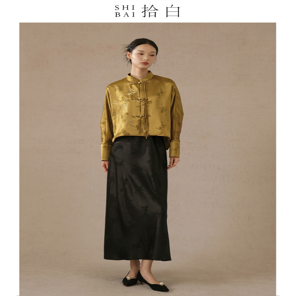 SHIBAI Shibai Plum Orchid Bamboo and Chrysanthemum New Chinese Style Jacket Autumn High end Acetate Jacquard Chinese Style Embroidery Button Top image 5