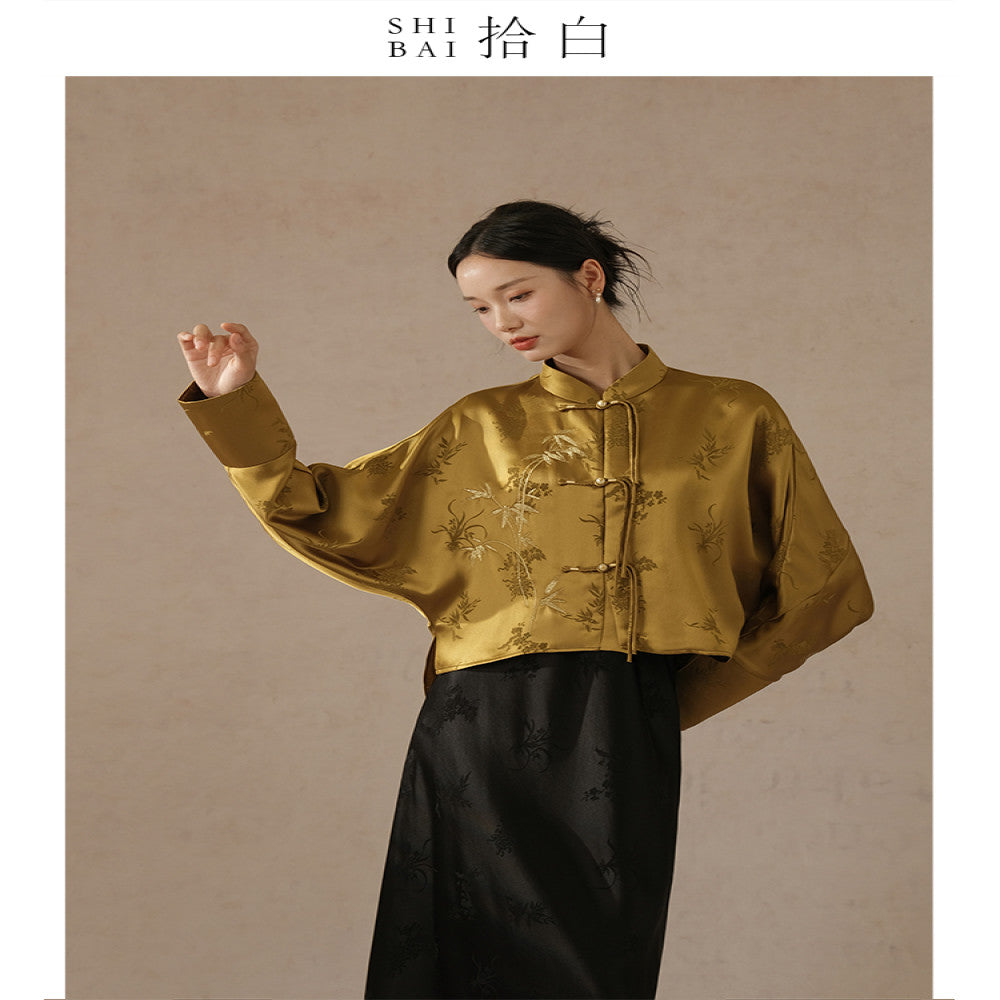SHIBAI Shibai Plum Orchid Bamboo and Chrysanthemum New Chinese Style Jacket Autumn High end Acetate Jacquard Chinese Style Embroidery Button Top image 0