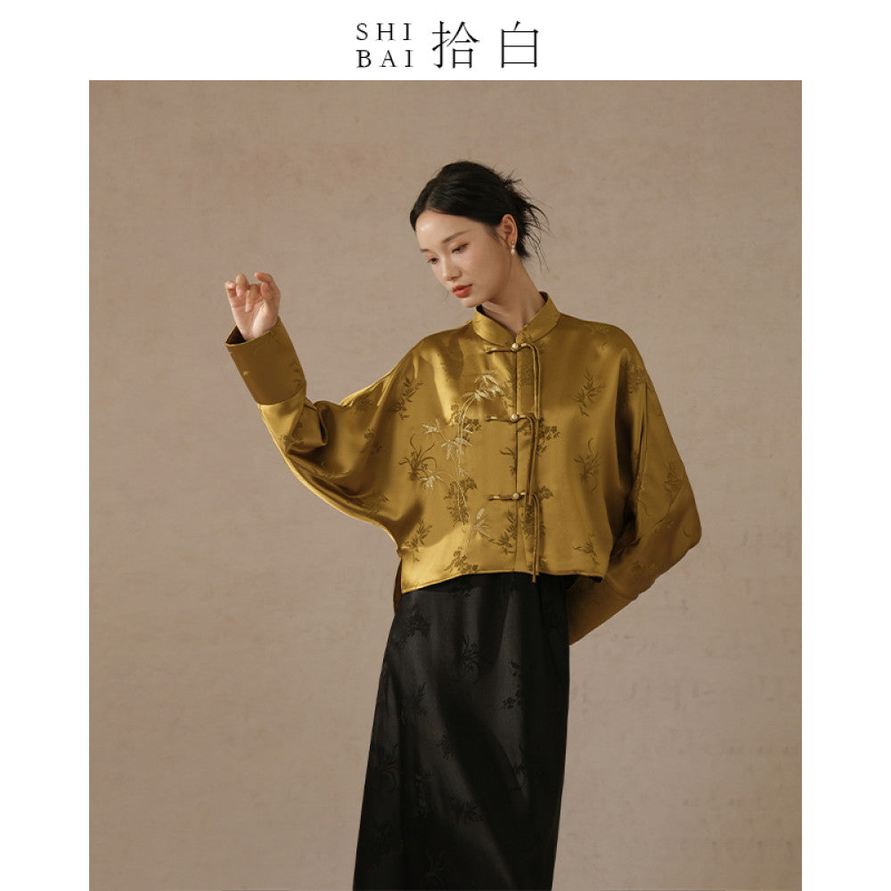 SHIBAI Shibai Plum Orchid Bamboo and Chrysanthemum New Chinese Style Jacket Autumn High end Acetate Jacquard Chinese Style Embroidery Button Top image 6