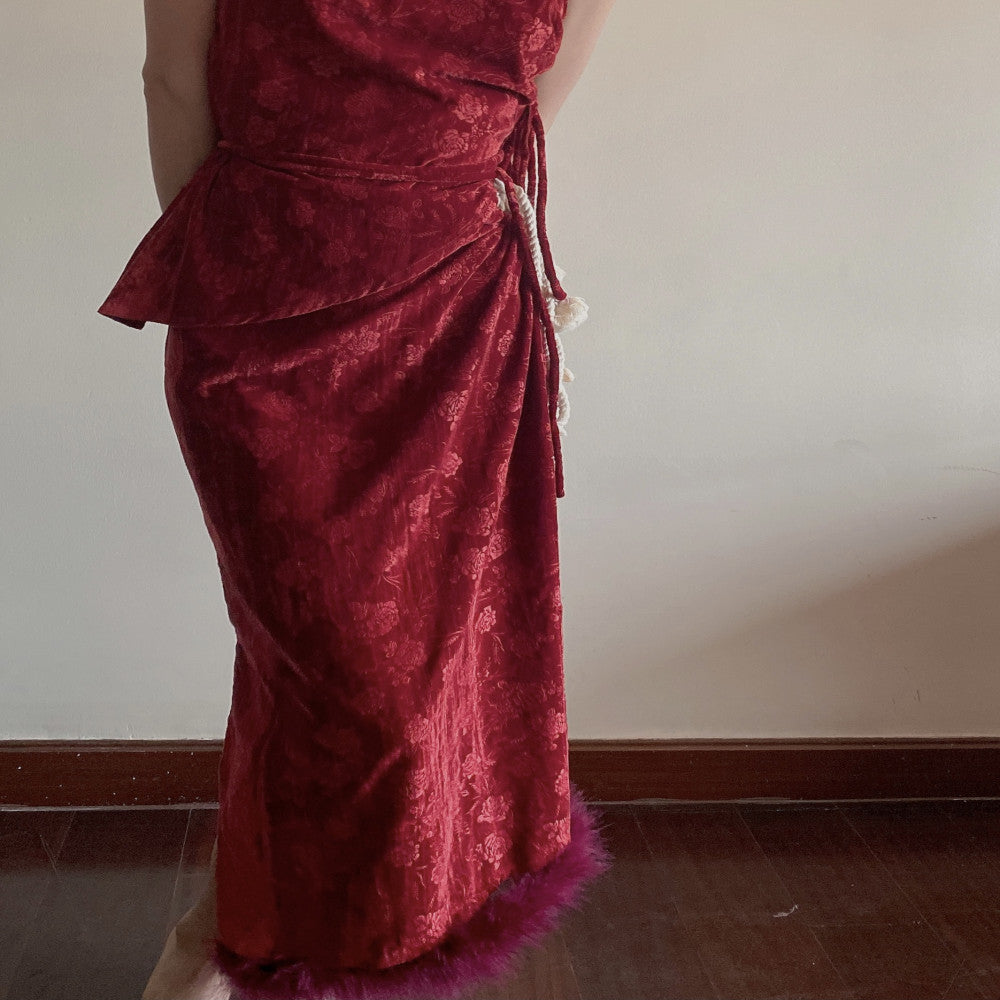 Spot Limp Online Original Winter Rose Velvet New Chinese Hairy Cheongsam Drawn Half Skirt image 3