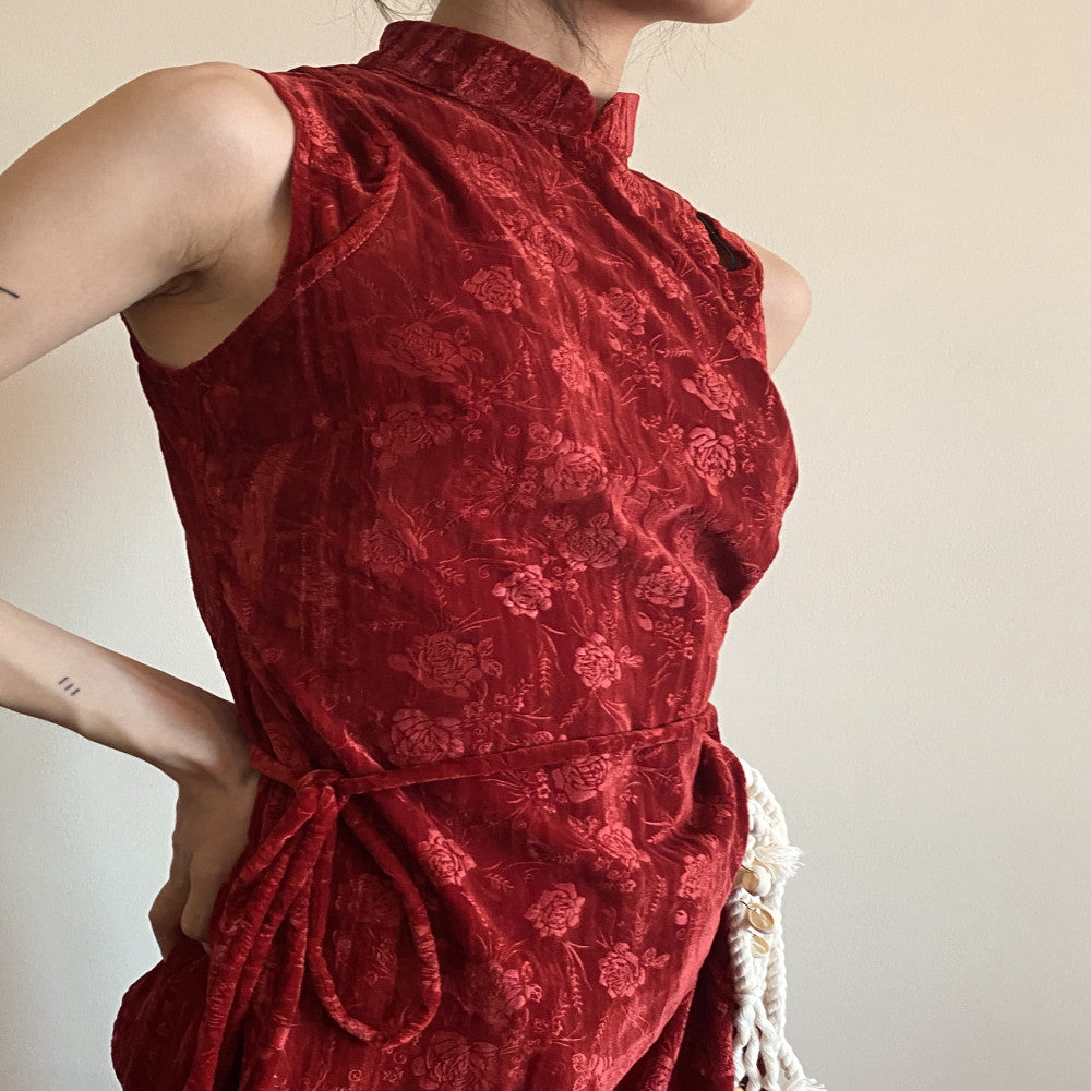 limp online original winter rose retro velvet red new Chinese cheongsam asymmetrical pleated top image 1