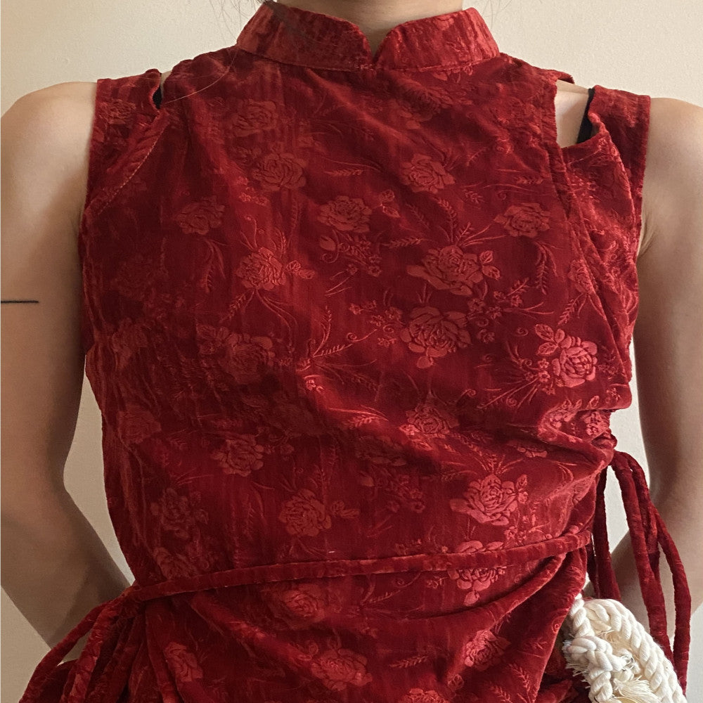 limp online original winter rose retro velvet red new Chinese cheongsam asymmetrical pleated top image 7